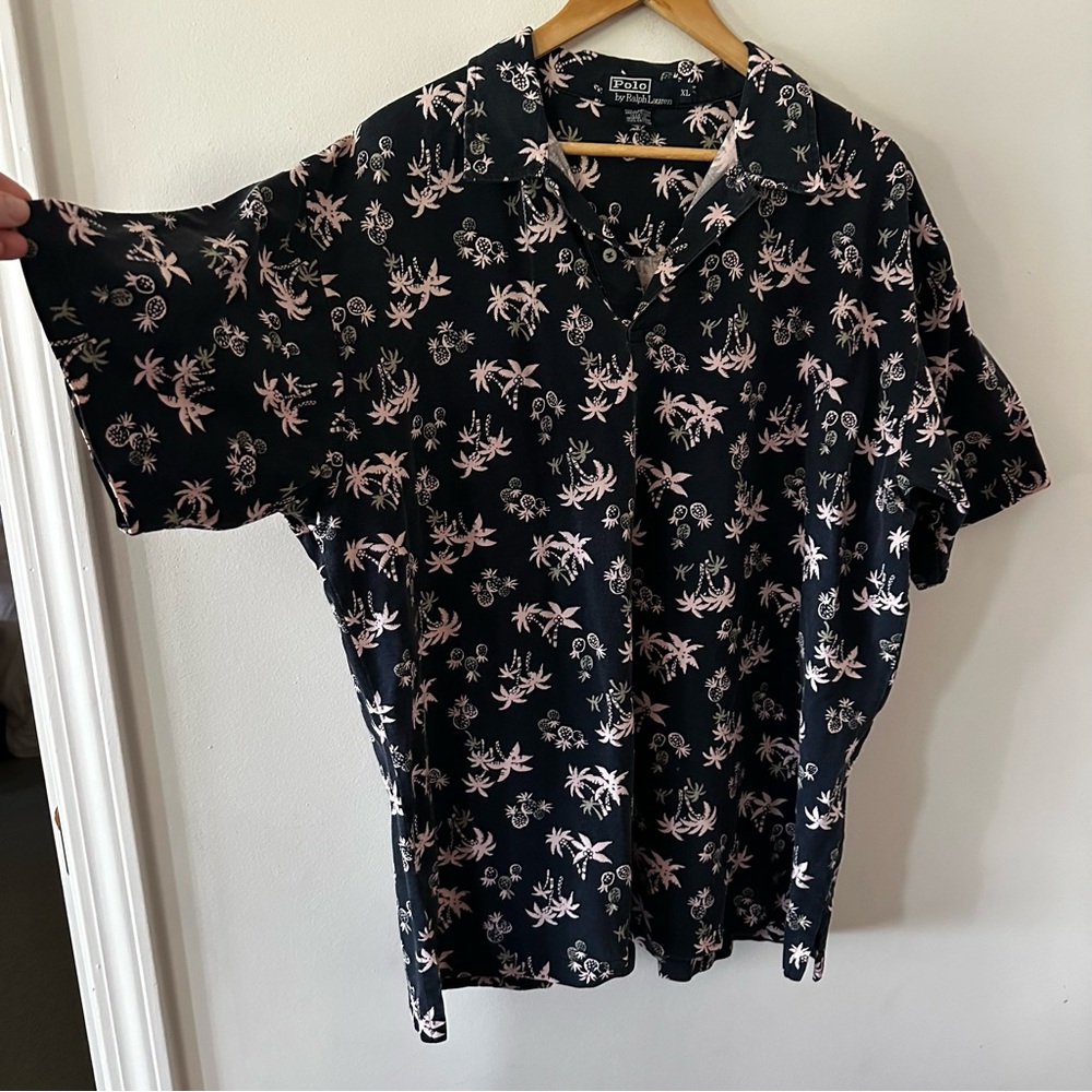 Vintage Ralph Lauren Polo Shirt Xl Blue Floral Linen Sail Hawaiian Camp (Binx4)